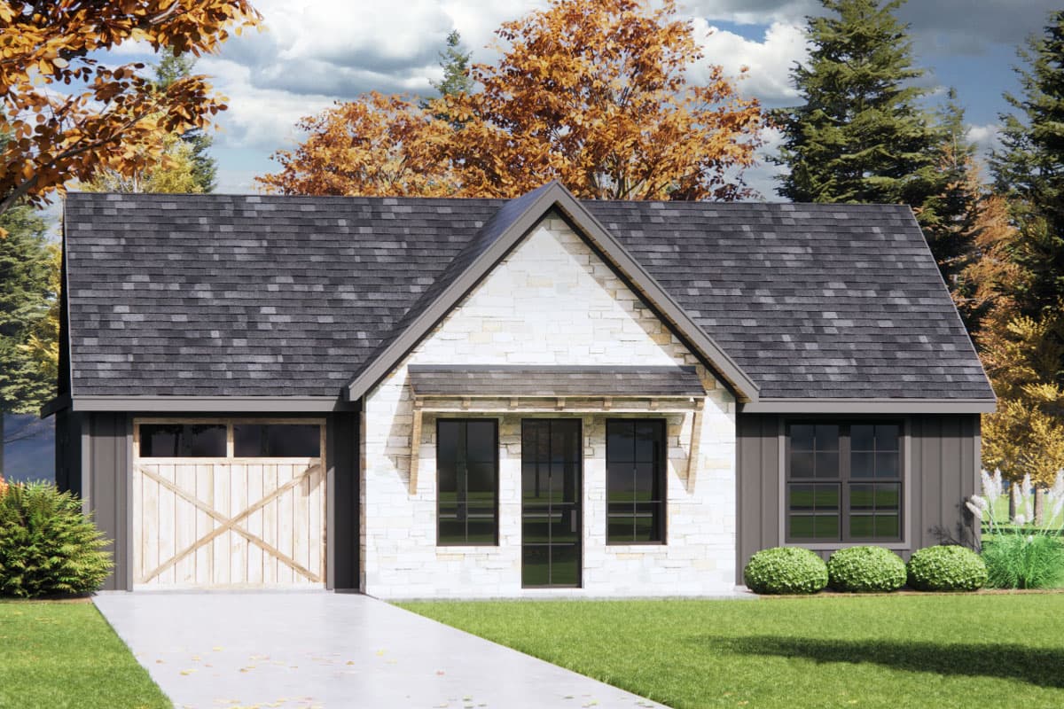 House plan exterior. Single-story with a gable roof, stone facade, a wood-paneled garage door, and black-framed windows.
