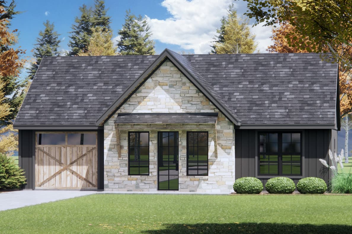 House plan exterior showing a modern farmhouse style with stone facade, gabled roof, and wood garage door.