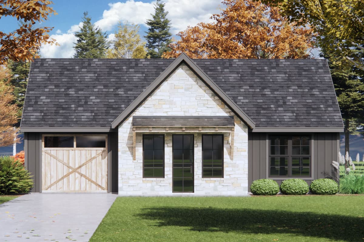 House plan exterior with stone veneer gable, metal siding, and a rustic wood garage door.