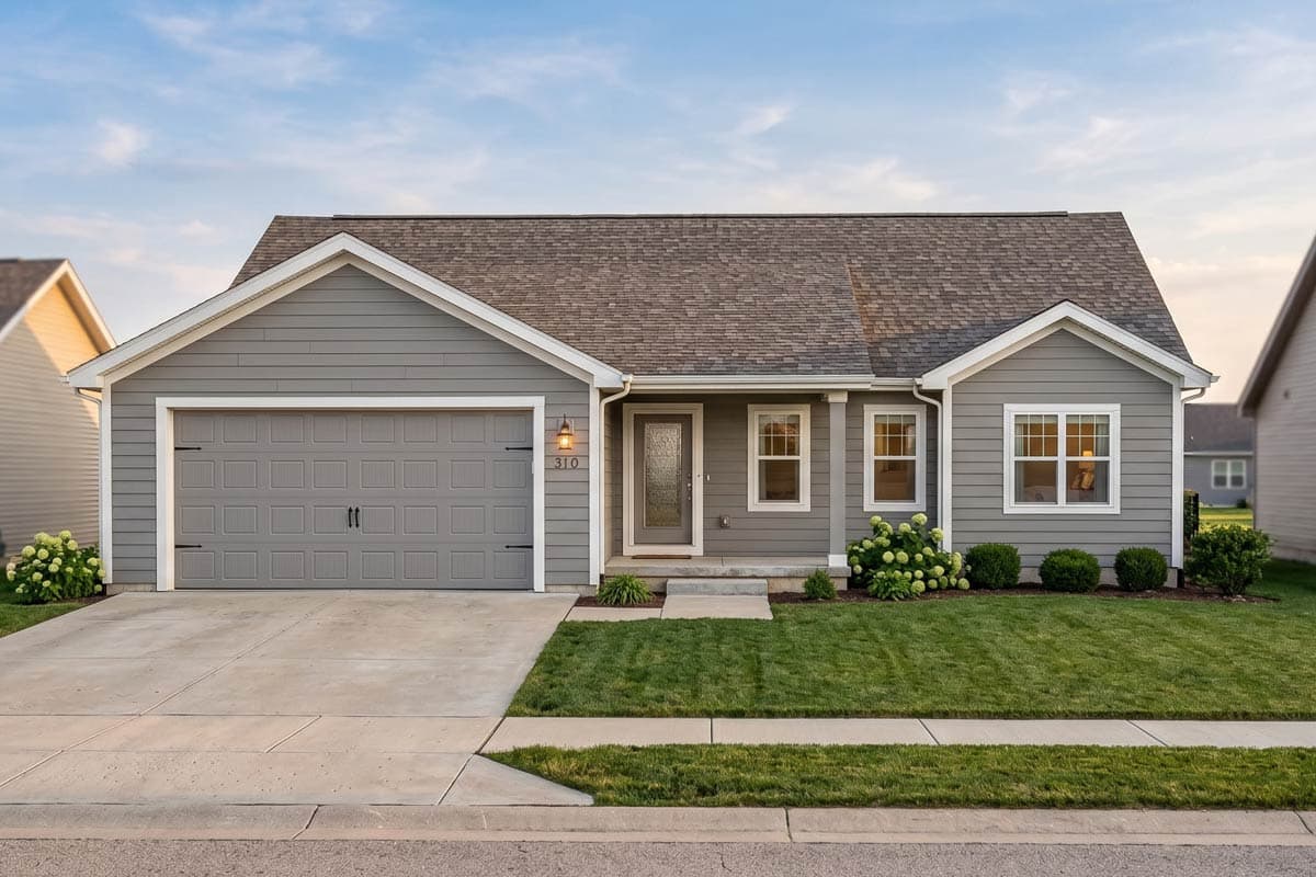House plan exterior: One-story modern farmhouse with attached garage, gabled roof, and covered entry porch.