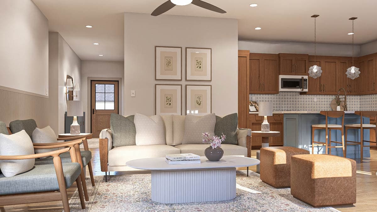 Living room rendering with sectional sofa, coffee table, and open view to kitchen with island and wood cabinets.