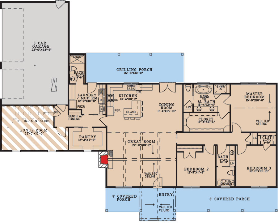 Plan 70905MK: 3-Bed Single-Story Country Farmhouse with Vaulted Great Room - 2411 Sq Ft - Floor Plan - Main Level - Country, Farmhouse, Ranch