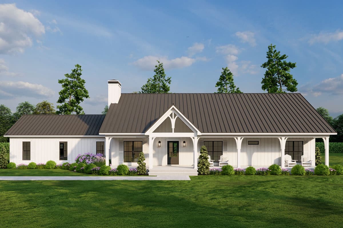 House plan exterior. Modern Farmhouse style with a single story, a wraparound porch, gabled entry, and a metal roof.