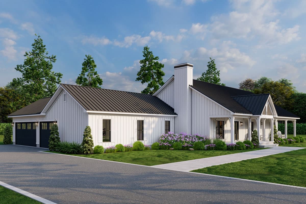 Modern Farmhouse house plan exterior, one story, white vertical siding, metal roof, large front porch, and a two-car garage.