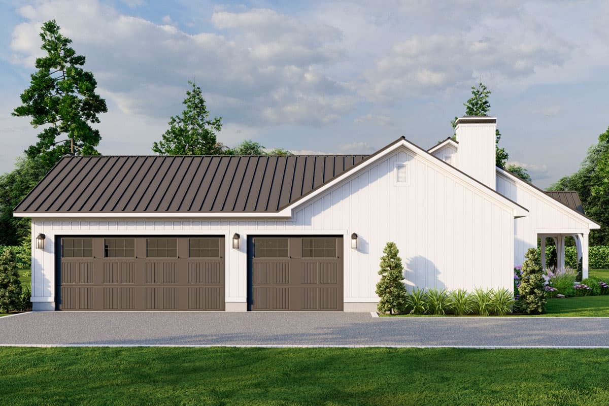 House plan exterior with a dark metal roof, white board and batten siding, and a two-car garage.