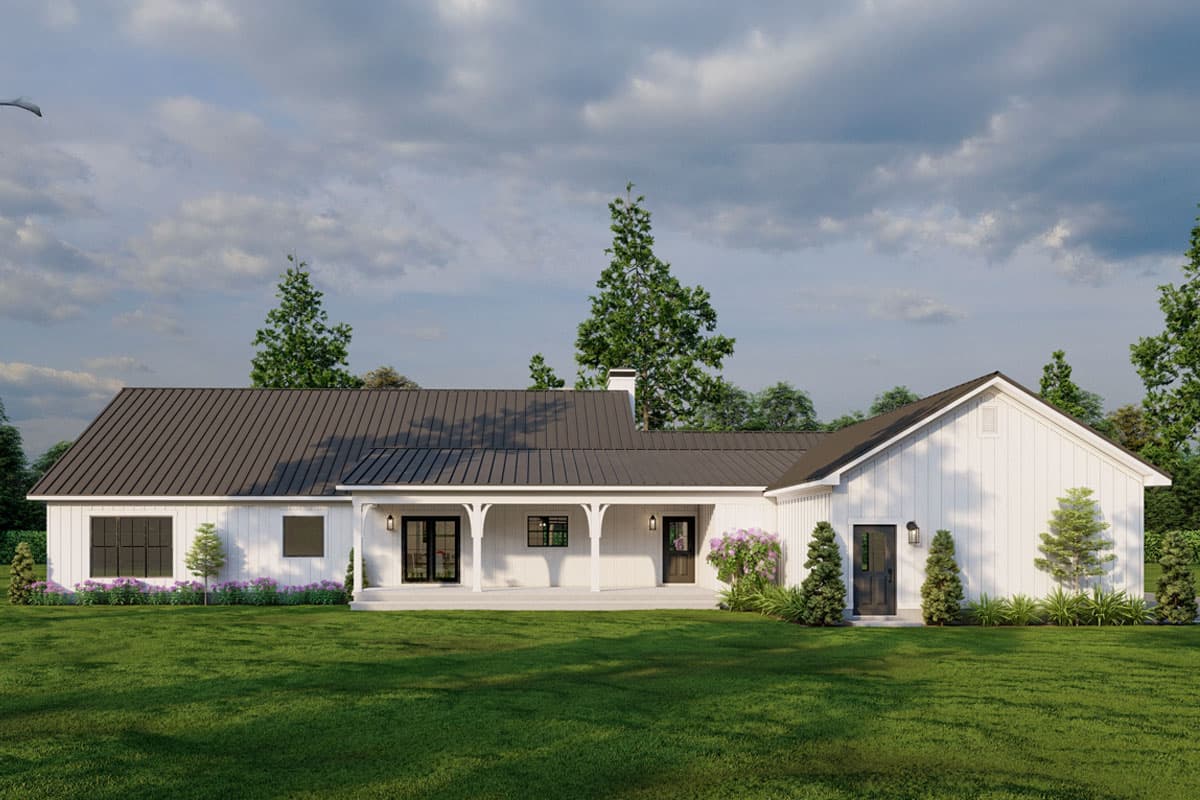 House plan exterior of a single-story Modern Farmhouse with a metal roof, covered porch, and board-and-batten siding.