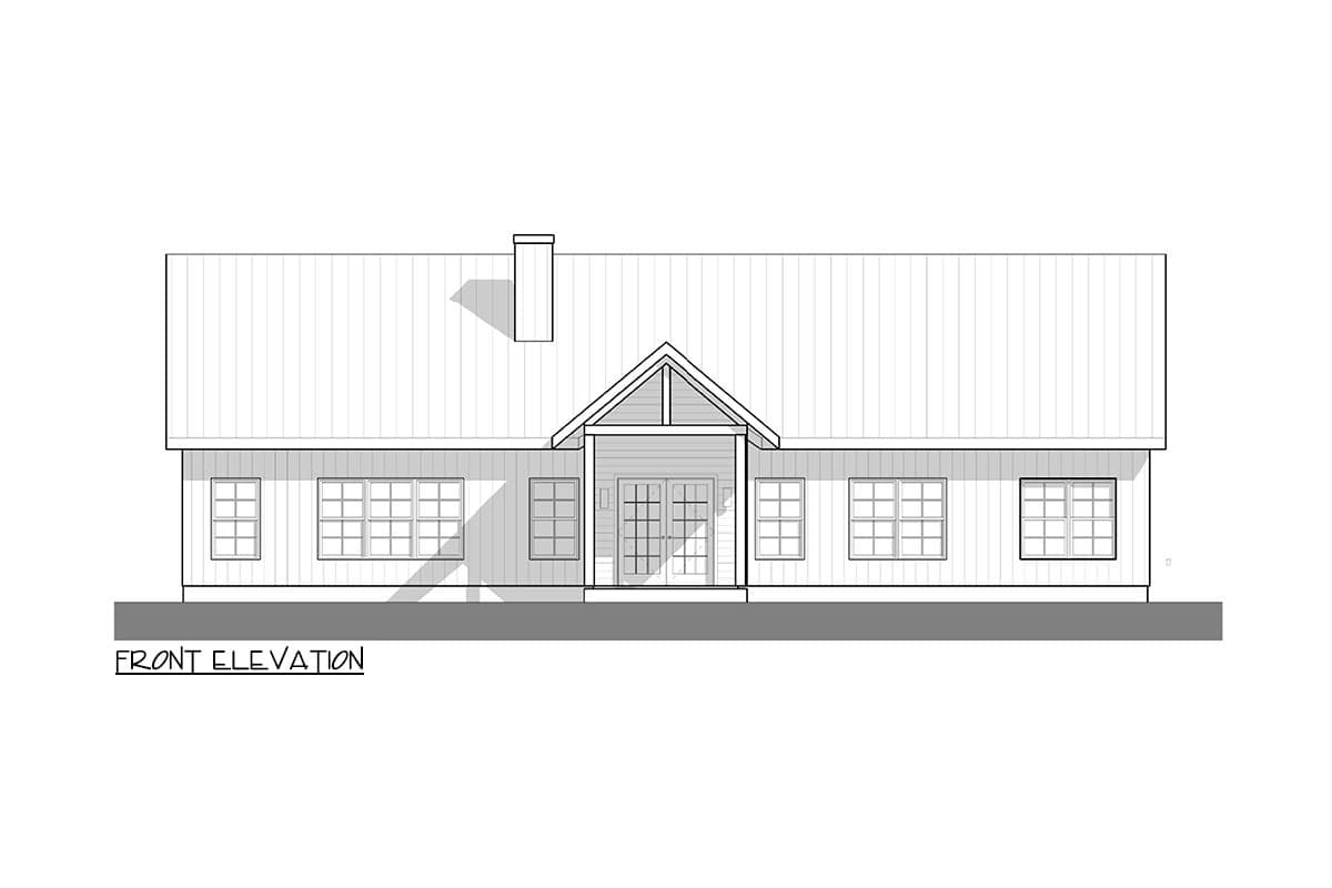 Front elevation drawing of a single-story house plan with a gabled entry porch, double doors, and numerous grid-pane windows.