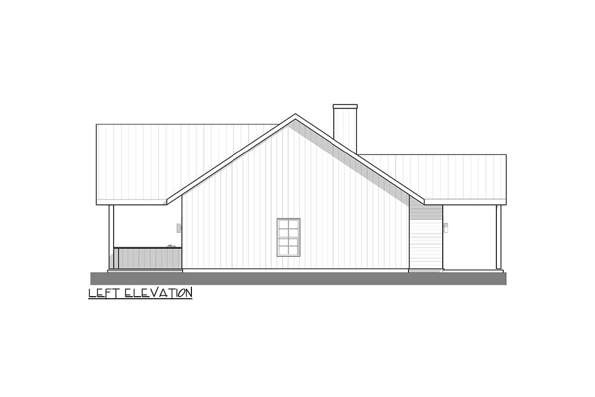 Left elevation house plan showing a gable roofline, shed roof dormer, chimney, and covered entry.