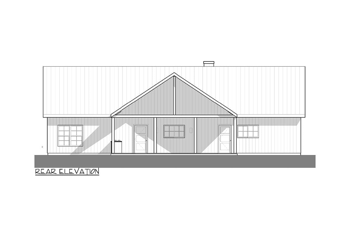 Rear elevation drawing of a one-story house with a gable roof, two doors, and three windows.