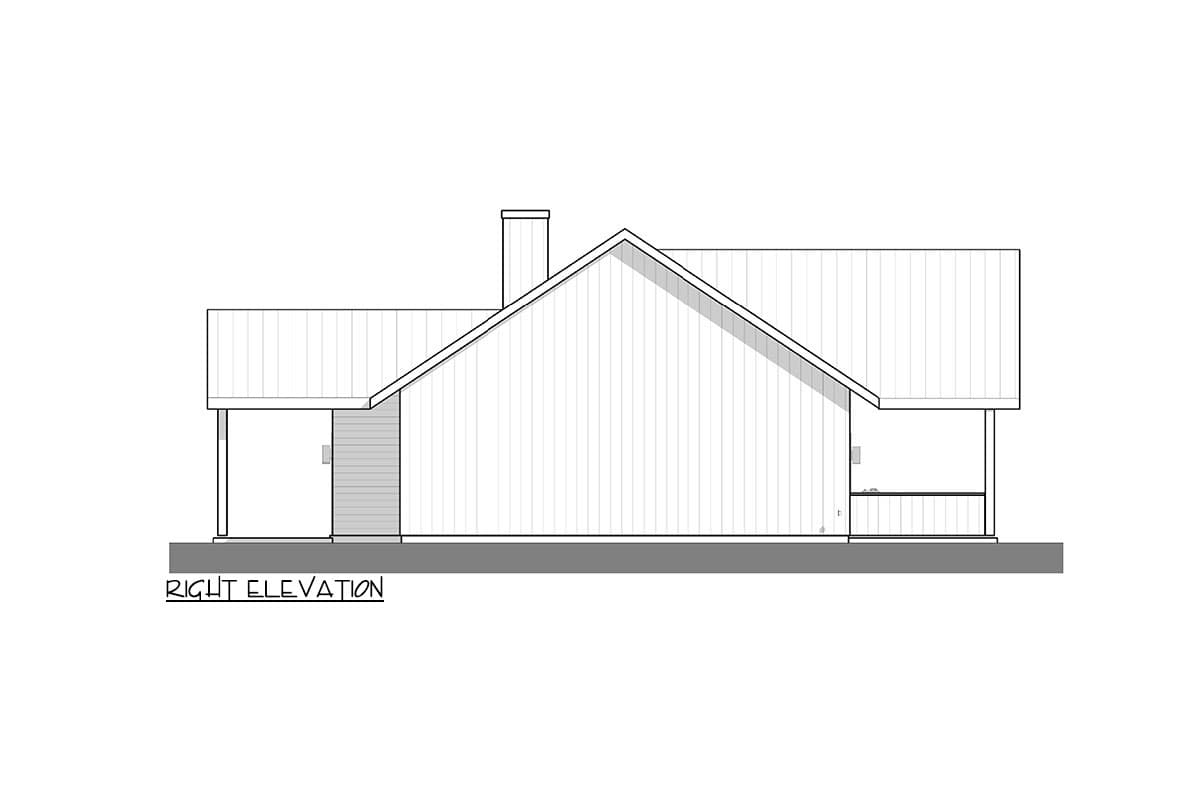 Right elevation drawing of a house plan featuring a gabled roof, chimney, and covered porch.