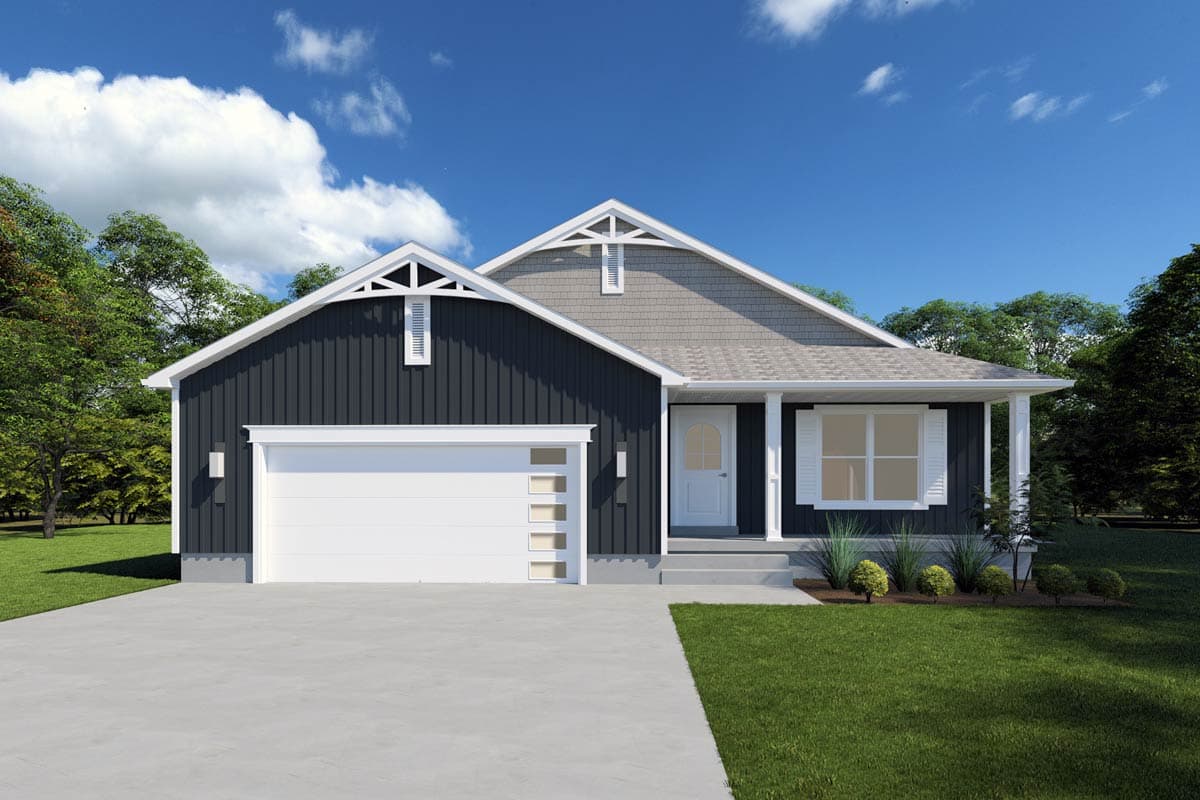 House plan exterior. Ranch style with a gabled roof, front porch, and garage with side lights. Vertical siding is visible.