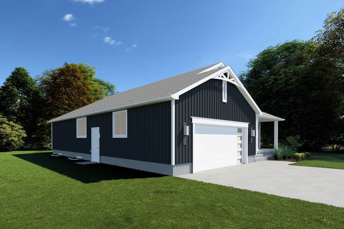 Modern Farmhouse style house plan exterior with dark siding, gable vent, white trim, two windows, side door, and attached garage.