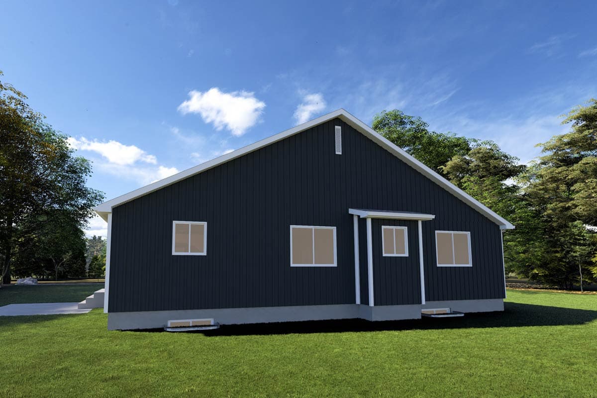 House plan exterior rendering of a one-story Modern Farmhouse with gabled roof, dark siding, and a small covered entry.