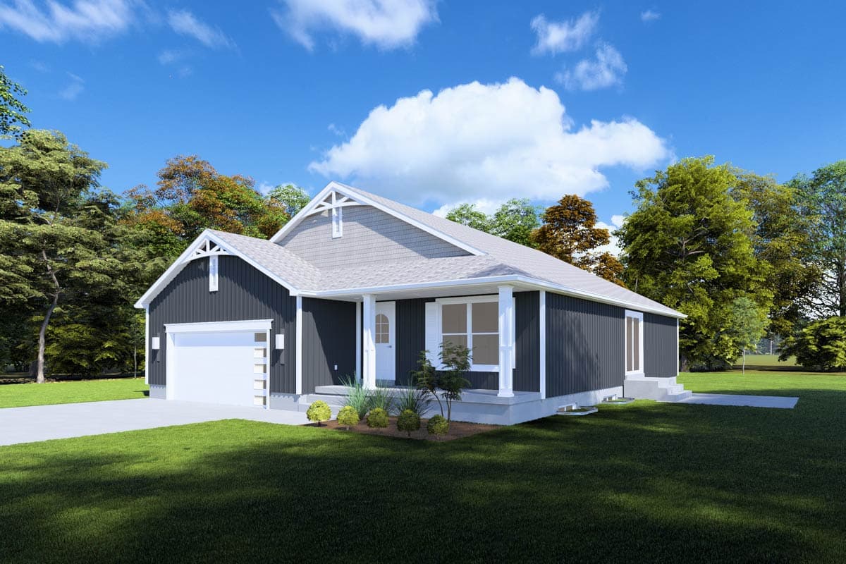 Modern Farmhouse house plan exterior, one story, with gable dormer, covered front porch, and attached garage.