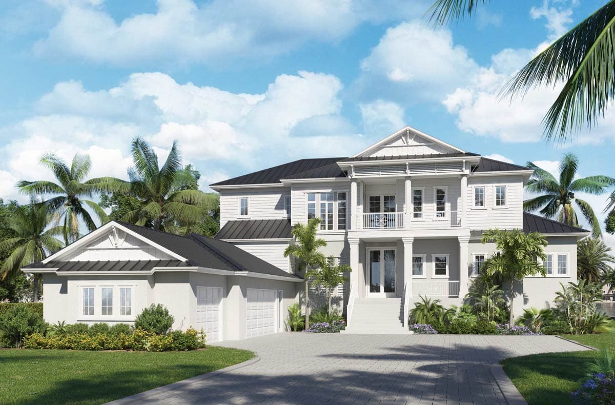 House plan exterior of a two-story Modern Farmhouse with a metal roof, front porch with columns, gables, and a three-car garage.