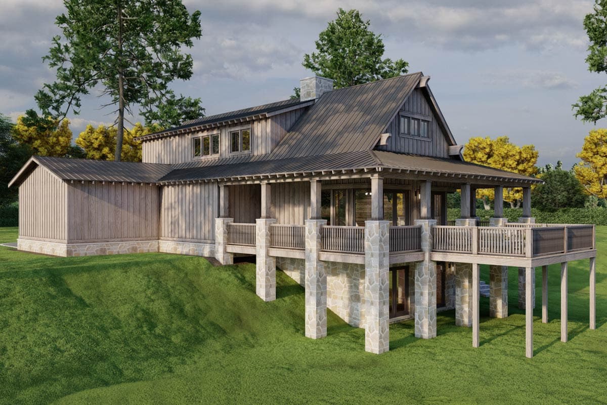 House plan exterior: A two-story Modern Farmhouse with a metal roof, stone foundation, and wraparound covered porch.