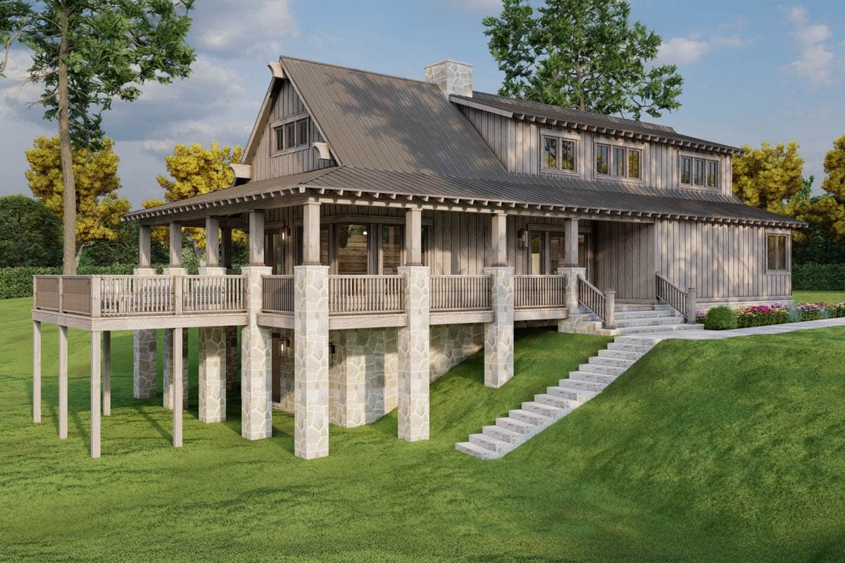 House plan exterior. Two-story, rustic-style home with gabled roof, stone-clad supports, and a wraparound porch with railing.