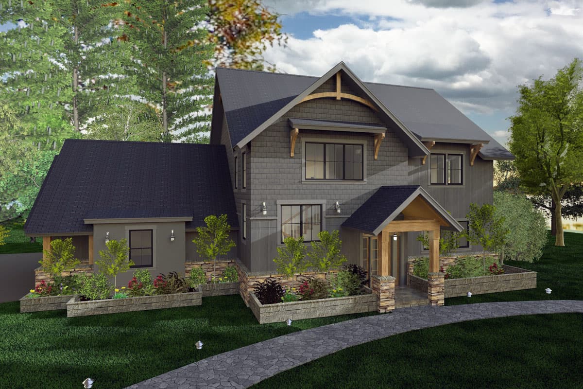 House plan exterior rendering shows a two-story Modern Farmhouse with dark roof, wood gable accents, stone-clad foundation, and covered entry.