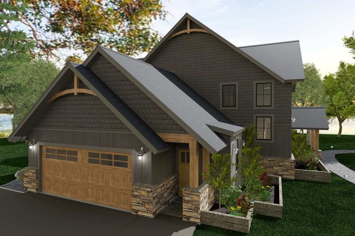 Modern Farmhouse house plan exterior with a two-car garage, prominent gables with wood accents, and stone and shingle siding.