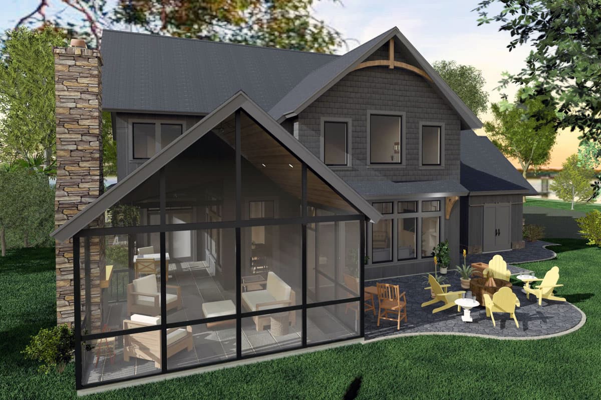 Modern Farmhouse house plan exterior with stone chimney, gables, screened porch, and attached garage.