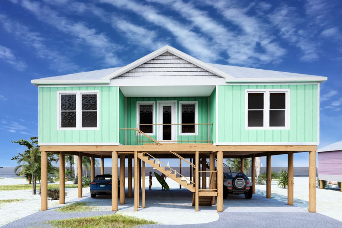 House plan exterior. Coastal style, single story house with gabled roof, elevated foundation, and porch with stairs.
