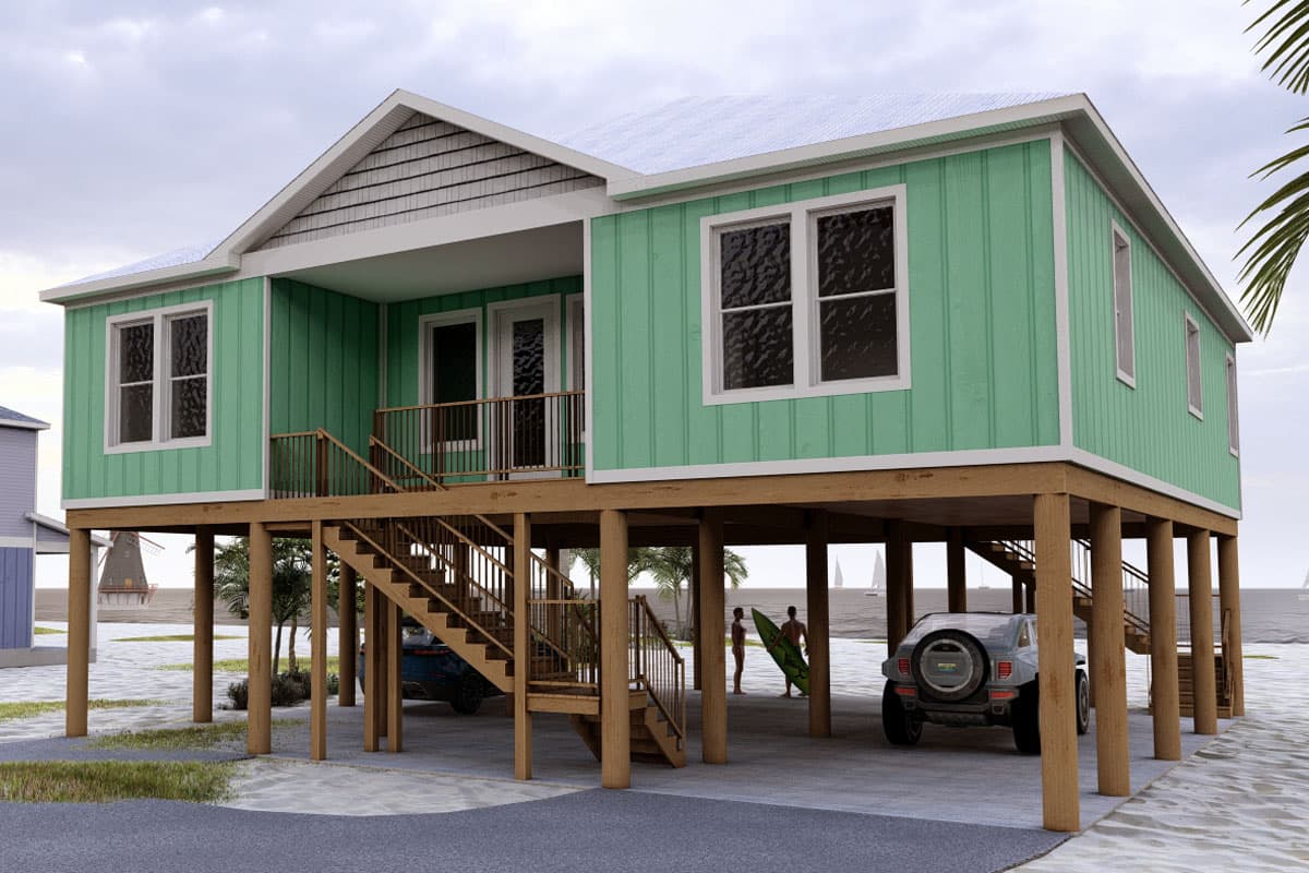 House plan exterior: Coastal stilt house with green siding, multiple windows, front stairs, and covered parking below.