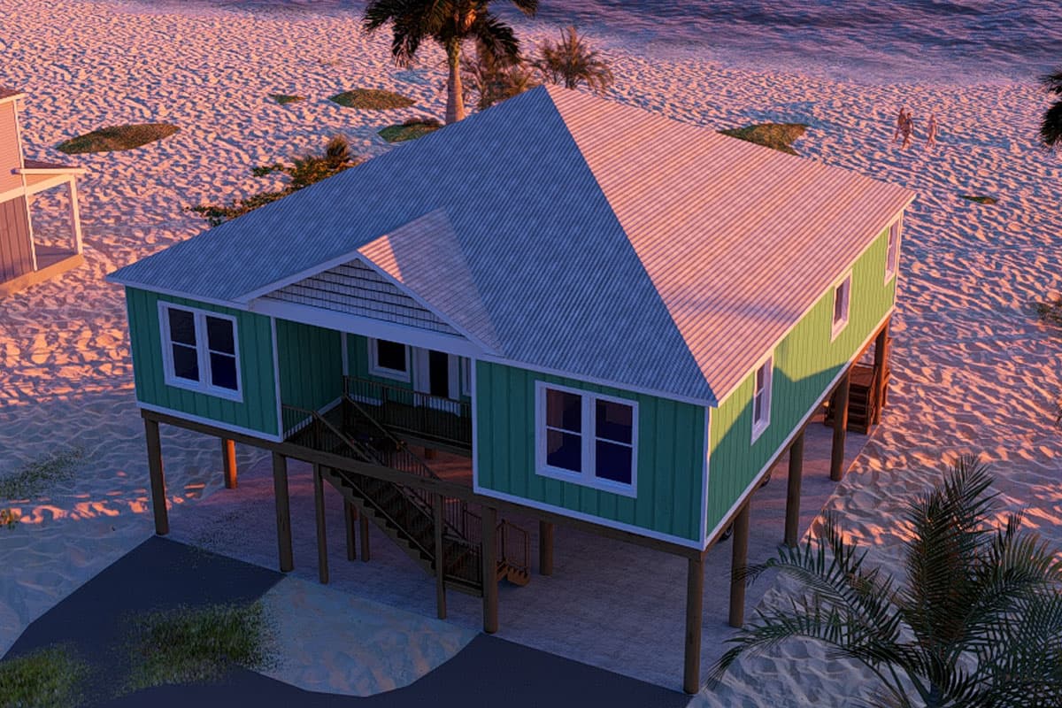 House plan exterior: Coastal style, one story elevated home with a metal roof, green siding, and a central staircase to the covered porch.