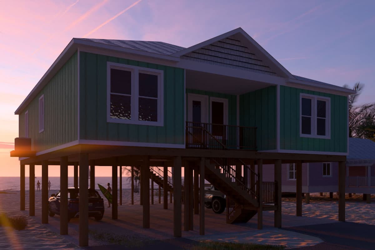 Beach house plan exterior with stilts, porch, double doors, and multiple staircases.