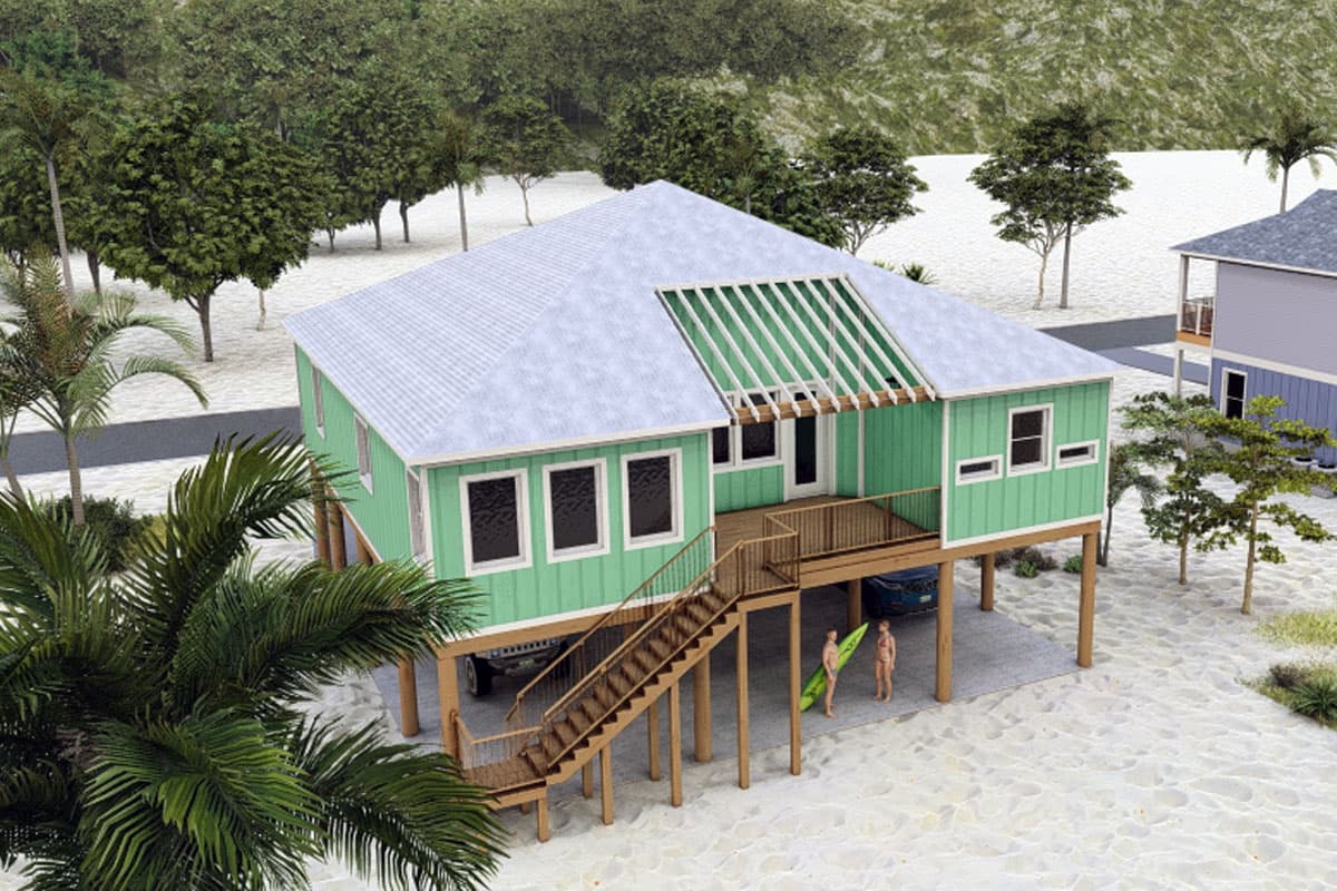 House plan exterior: Coastal cottage on stilts with a light blue standing seam roof, green siding, and a prominent wooden deck with stairs.