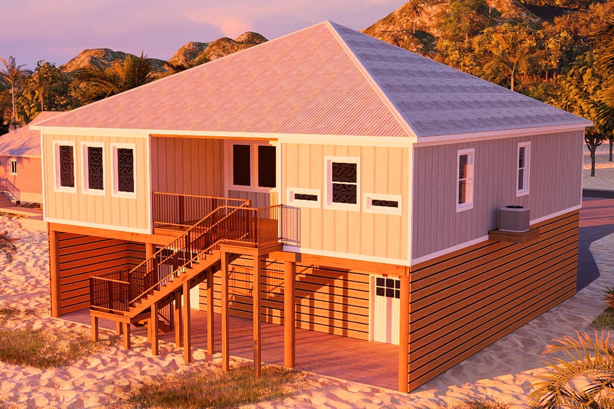 House plan exterior of a raised, single-story home with a gabled roof, central stairs, and horizontal siding on the lower level.