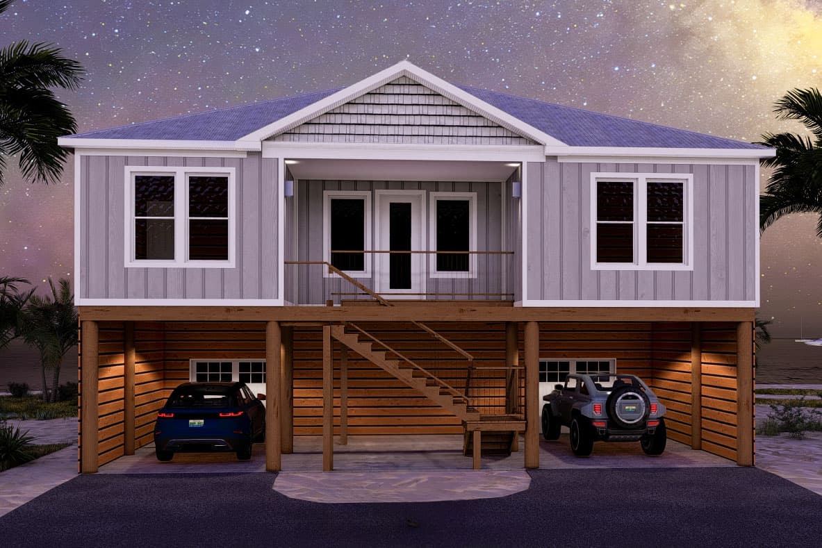 House plan exterior: Two-story home on stilts with an open carport, central stairs, and gabled roof with decorative shingles.