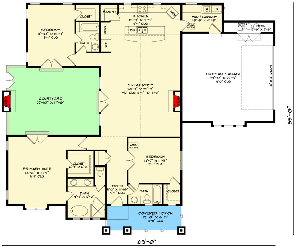 Plan 520025RKY: 3-Bed Modern Craftsman House Plan with Courtyard - 1935 Sq Ft - Floor Plan - Main Level - Craftsman, Mountain, Ranch, Rustic, Traditional