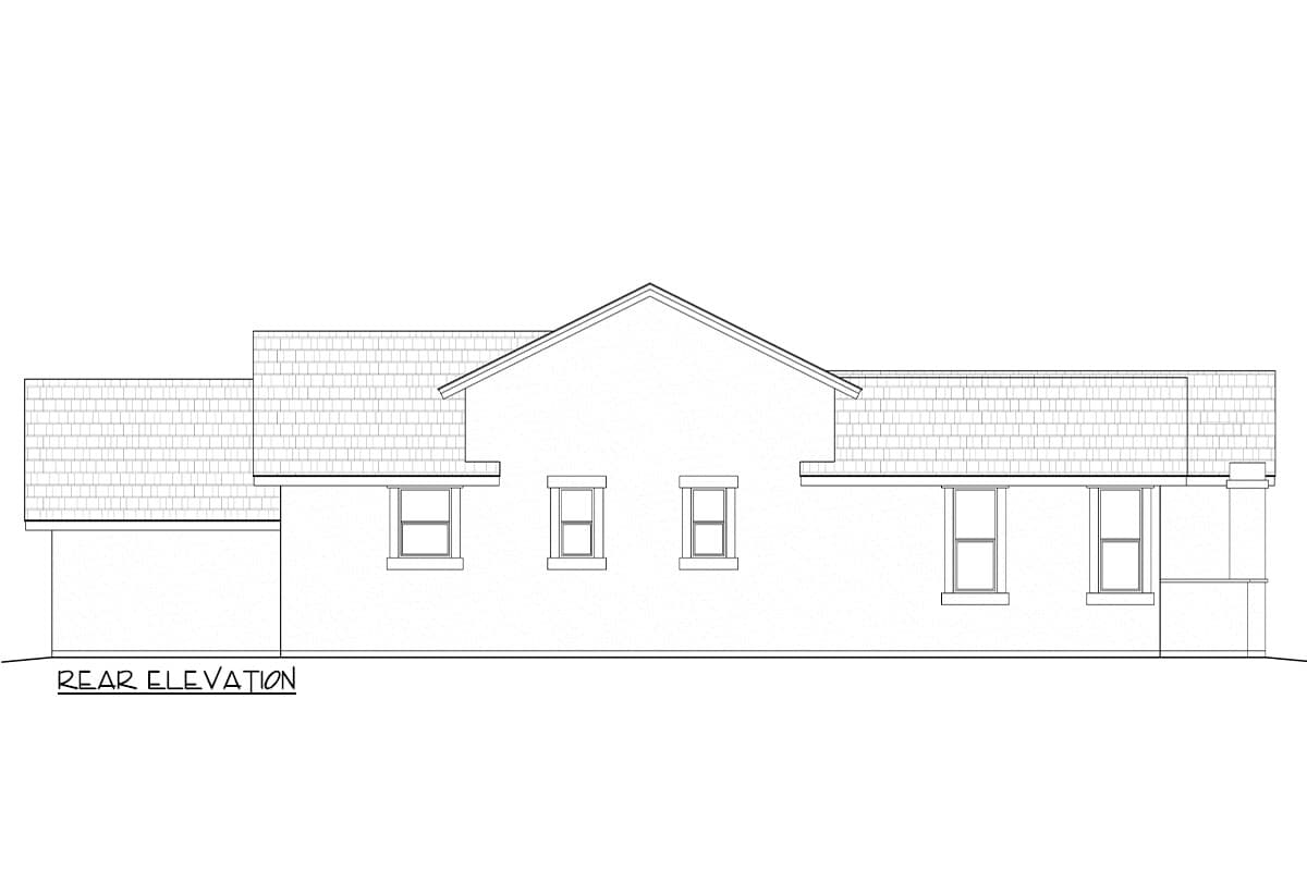 Rear elevation drawing of a house plan showing a central gable, multiple windows, and a shingled roofline.