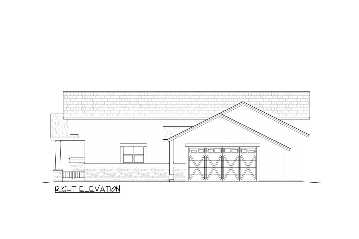 House plan right elevation with covered porch, stone base, and two-car garage with decorative doors.