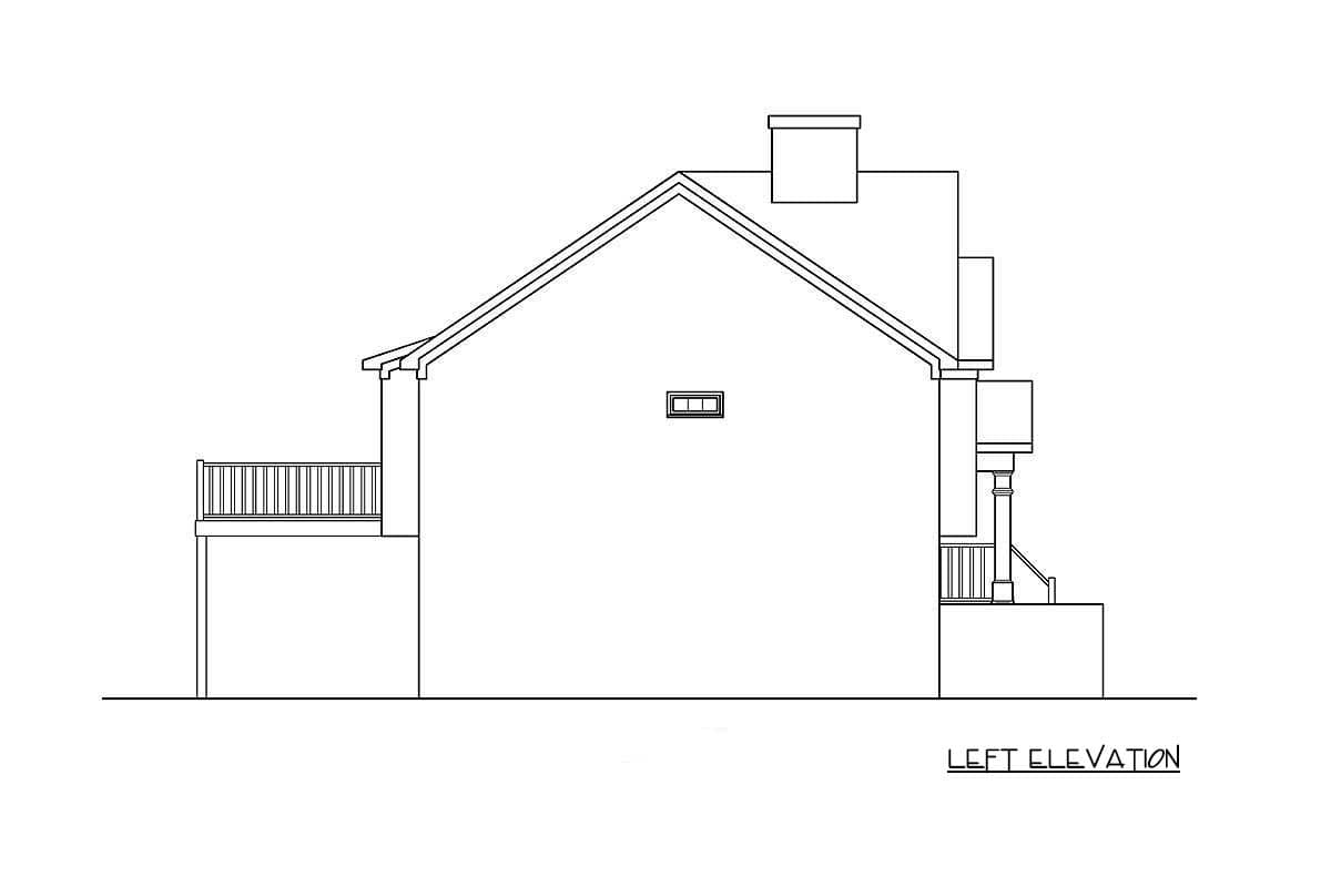 Left elevation house plan shows a gabled roof, chimney, dormer window, and covered porch with railing.