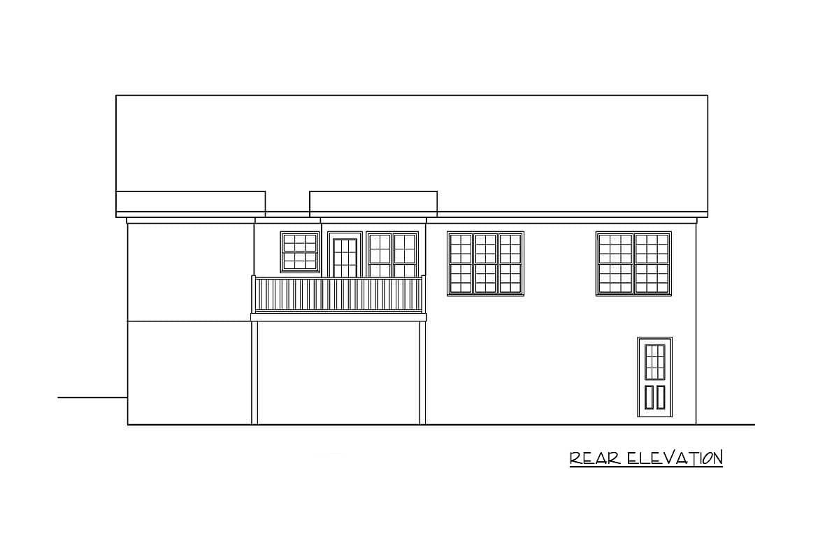 Rear elevation drawing of a house plan showing a balcony, multiple windows, and a door.