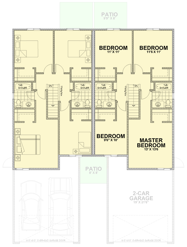 Plan 267054SPK: Two-Story Traditional Duplex House Plan with Matching 5 Bed Unit - 1936 Sq Ft Per Unit - Floor Plan - 2nd Floor - Modern Farmhouse, Traditional