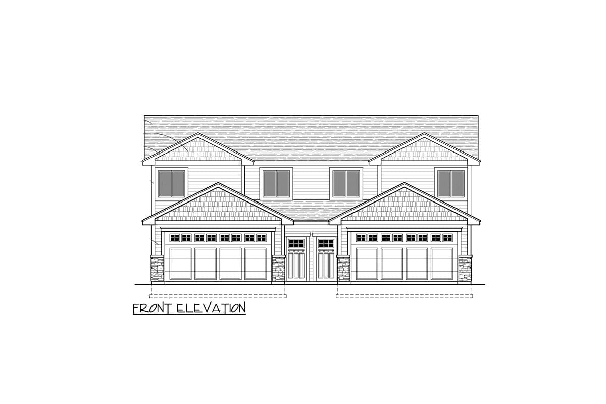 Front elevation drawing of a two-story duplex with two garages, gable dormers, and stone accents.