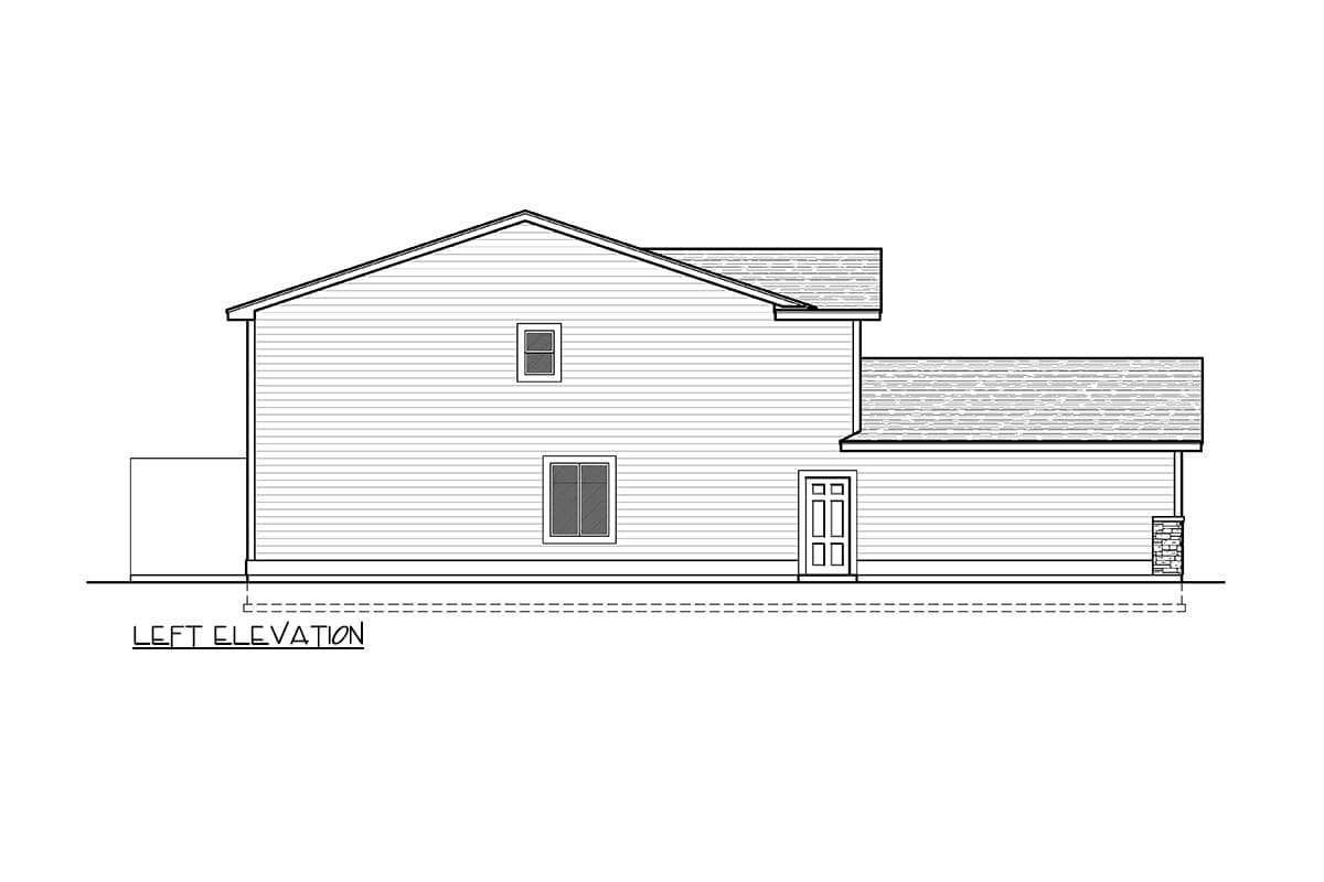 Left elevation house plan drawing of a two-story house with vinyl siding, two windows on the upper level, one window on the lower level, and a door.