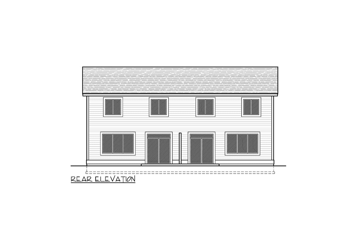 Rear elevation drawing of a two-story house plan with siding, six upper windows, and four lower windows with two sliding doors.