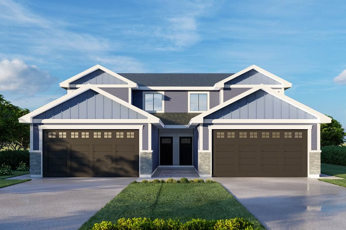 House plan exterior. Two-story Modern Farmhouse style with gabled roof, two-car garages, and decorative trim around the gables.
