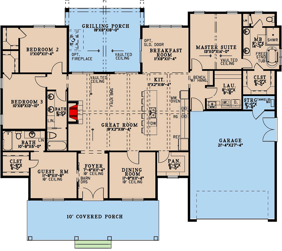 Plan 70907MK: Single-Story Farmhouse Plan with Vaulted Great Room - 2330 Sq Ft - Floor Plan - Main Level - Cottage, Country, Farmhouse