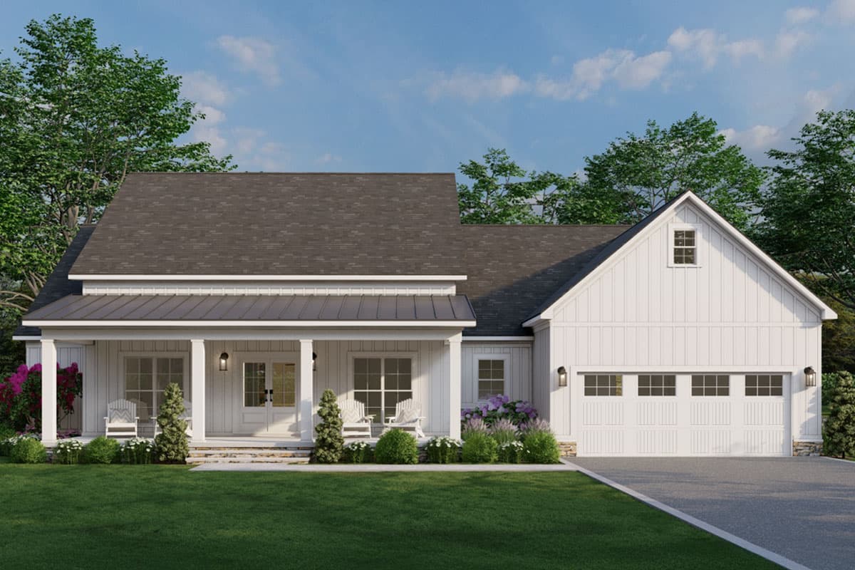 House plan exterior. Modern farmhouse style. One-story home with a front porch, gabled roof, and attached garage with a gable above.