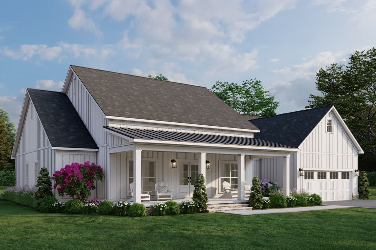House plan exterior featuring a modern farmhouse style, one story, wide covered porch with metal roof, and a three-car garage.