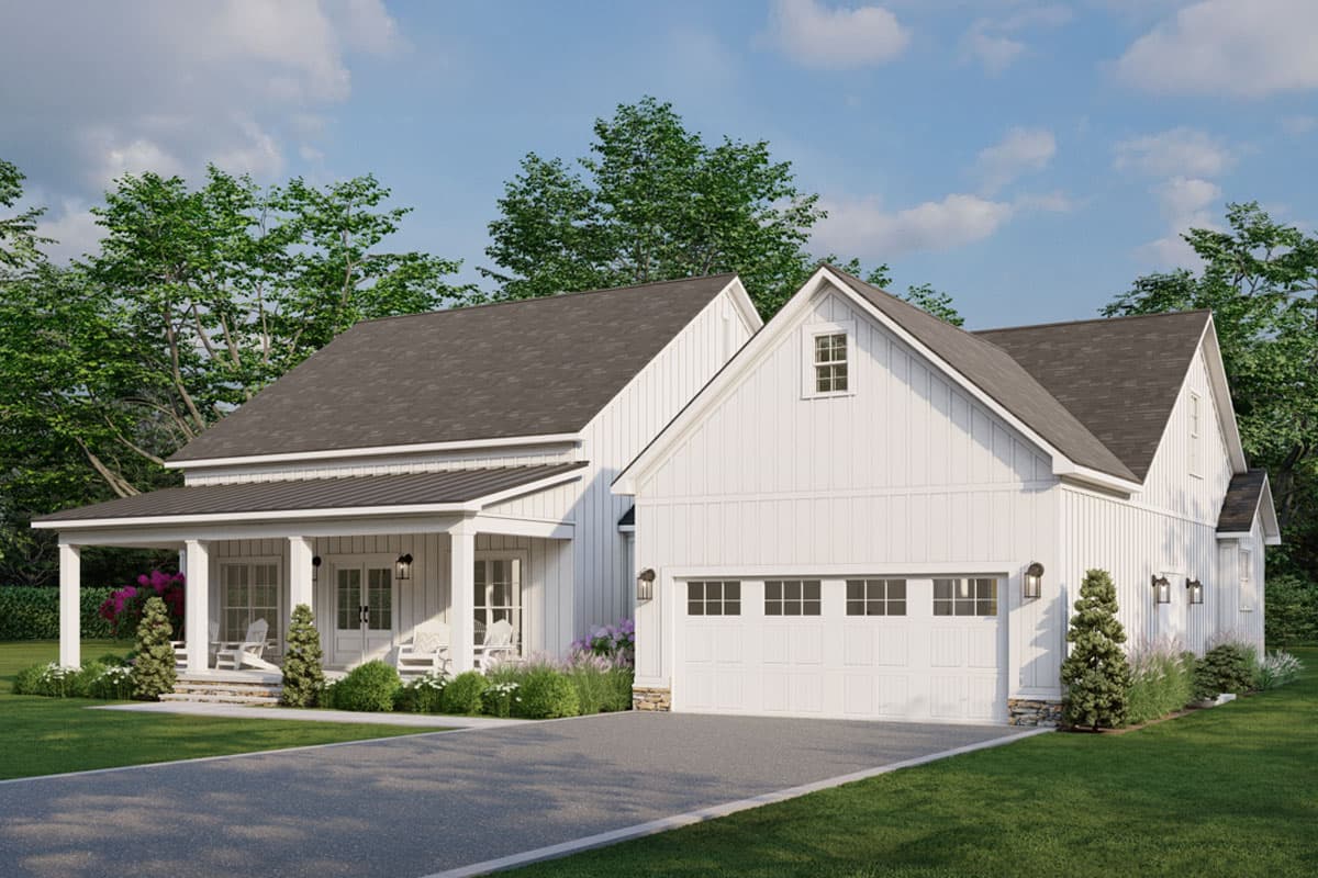 Modern Farmhouse house plan exterior with a covered porch, board and batten siding, and a three-car garage.