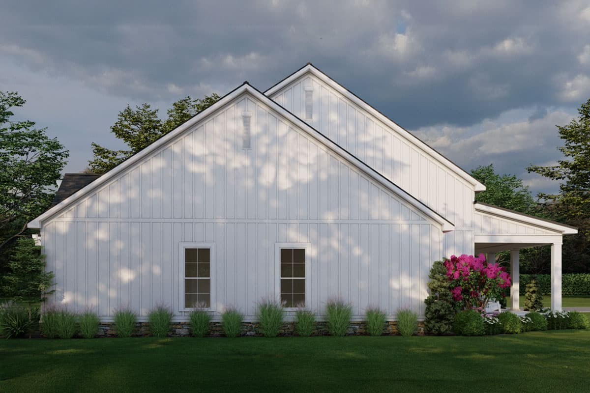 House plan exterior: Modern Farmhouse style, 1.5 stories, white board-and-batten siding, gables with vents, and a covered porch.