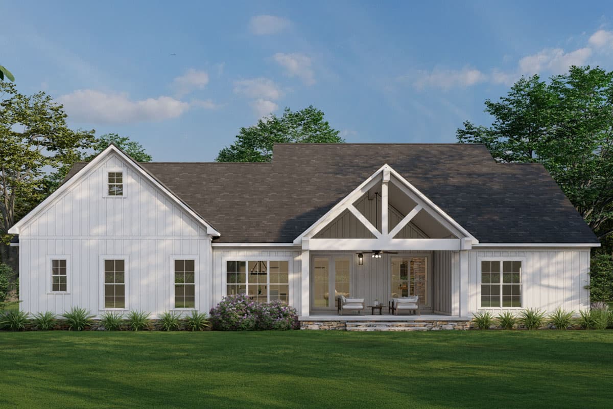 Modern Farmhouse house plan exterior with covered porch, gable dormer, and board-and-batten siding.