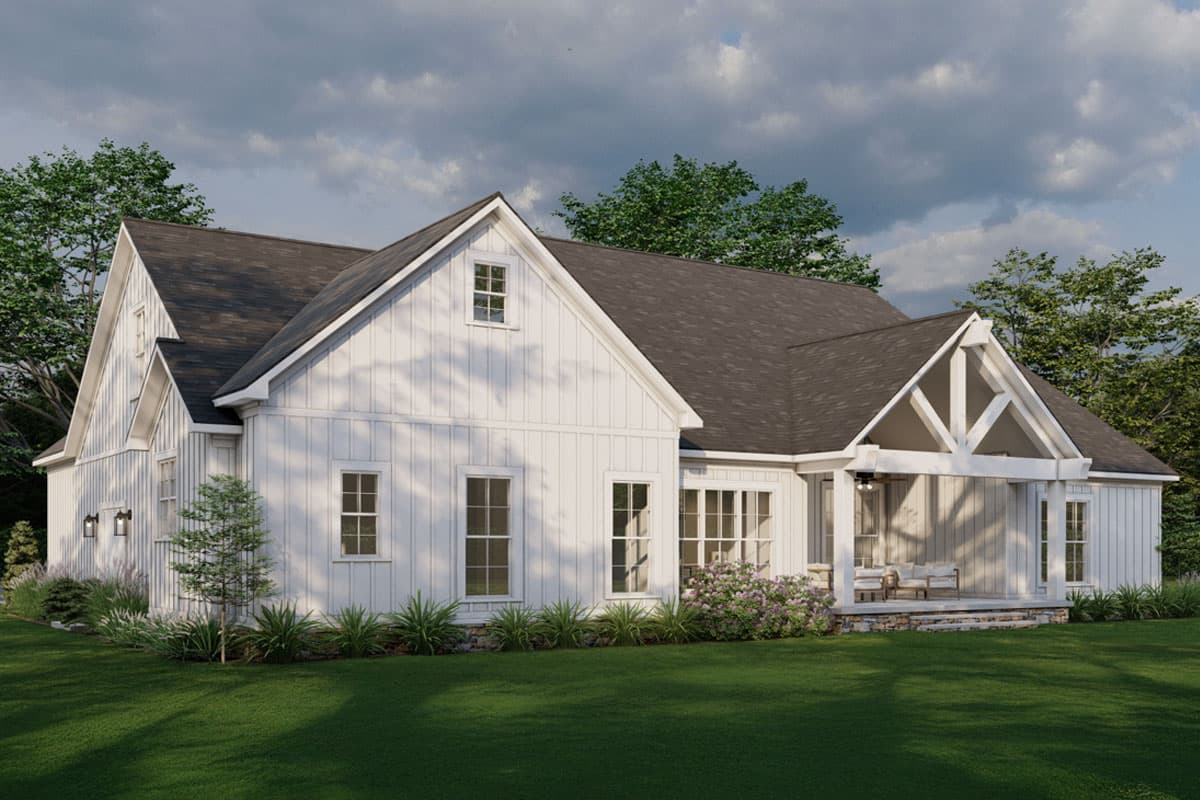 House plan exterior: Modern Farmhouse style, one story, white board and batten siding, prominent gable with exposed beams, covered porch.