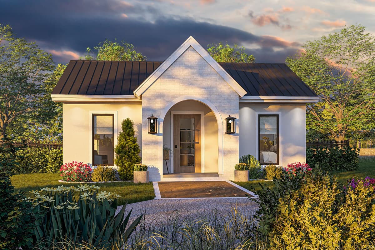 House plan exterior. One-story house with gabled entry, arched portico, and black metal roof. Includes two exterior sconces.