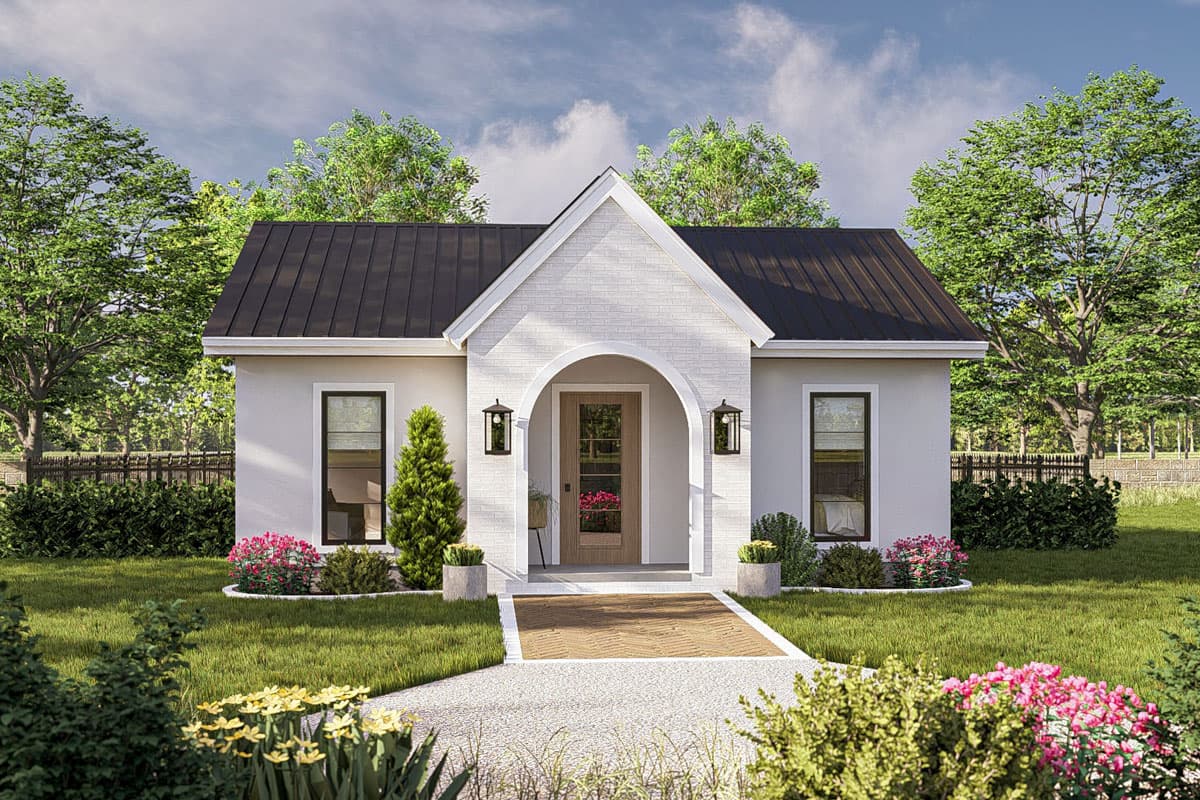 House plan exterior, one story with dark metal roof, central arched entry, white brick facade accents, and two side windows.